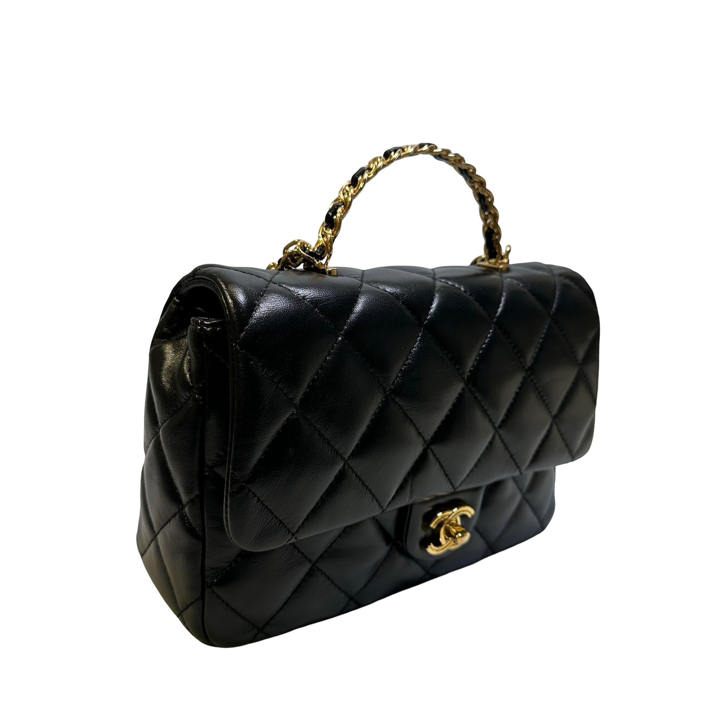 Used CHANEL Quilted Lambskin Top Handle Flap Bag Handbag Black