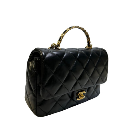 Used CHANEL Quilted Lambskin Top Handle Flap Bag Handbag Black