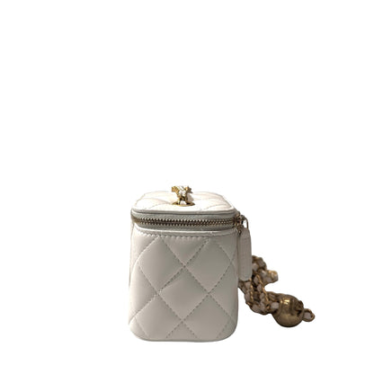 Used CHANEL Lambskin Leather Vanity Case with Gold Ball Cross Body Bag White GHW