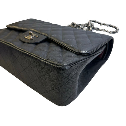 Used CHANEL Quilted Caviar leather Jumbo Single Flap Bag Shoulder Bag Black Silver hardware