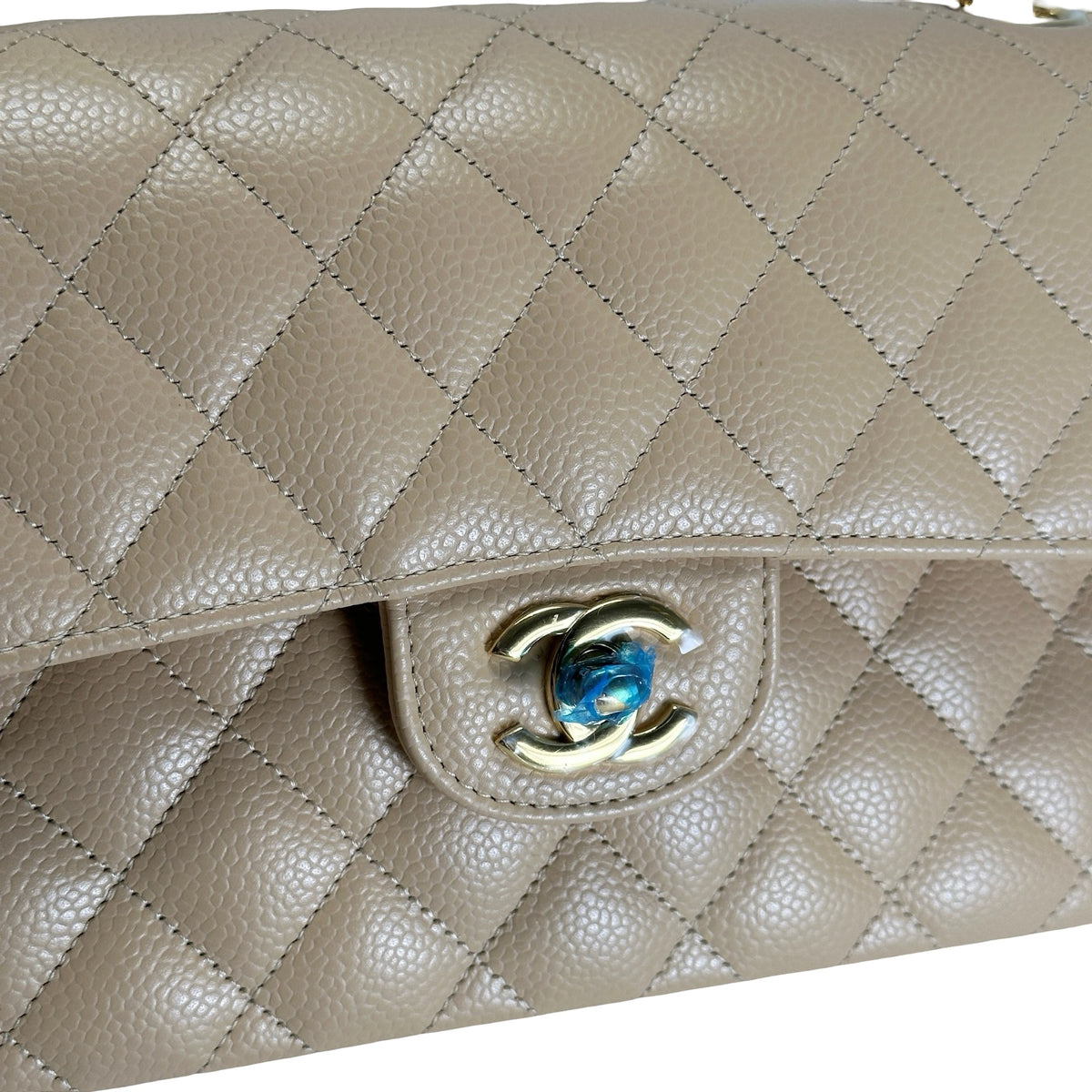 Brand New CHANEL Quilted Caviar Classic Flap Chain Shoulder Bag Beige Gold