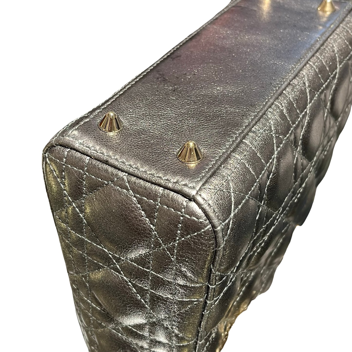 Used Dior Lady Dior Handbag Metallic Silver GHW