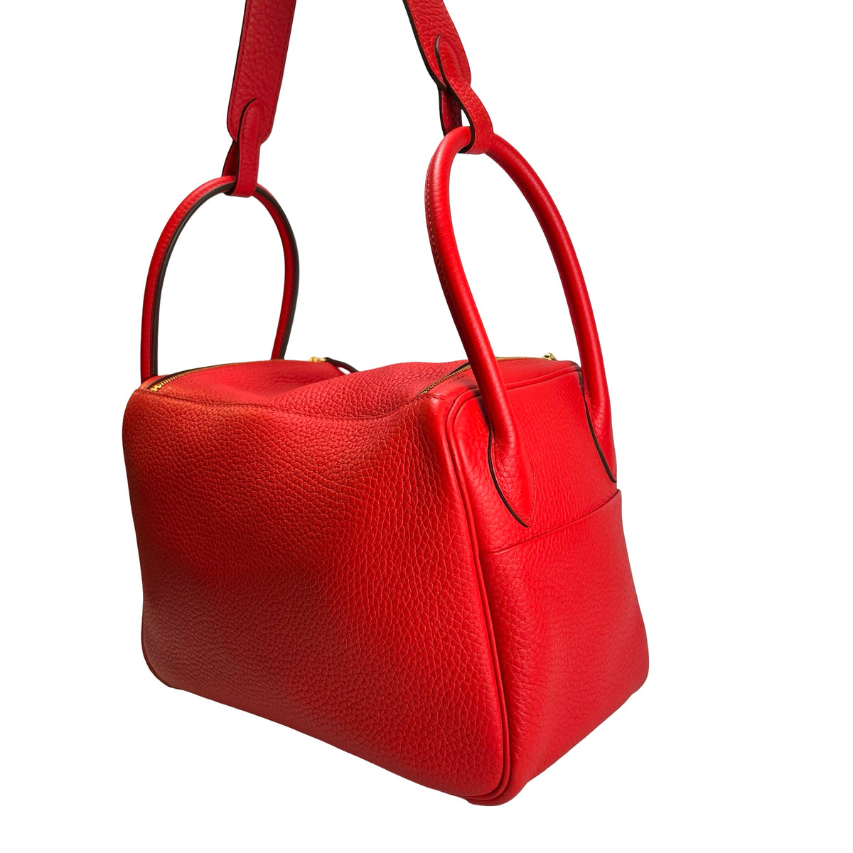 Used HERMES Clemence Lindy Handbag Red