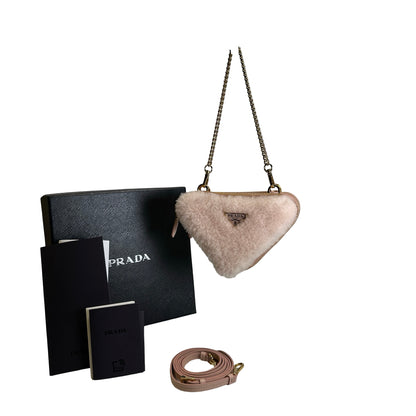 Used PRADA Shearling Triangle Mini Bag Mini Bag Pink GHW