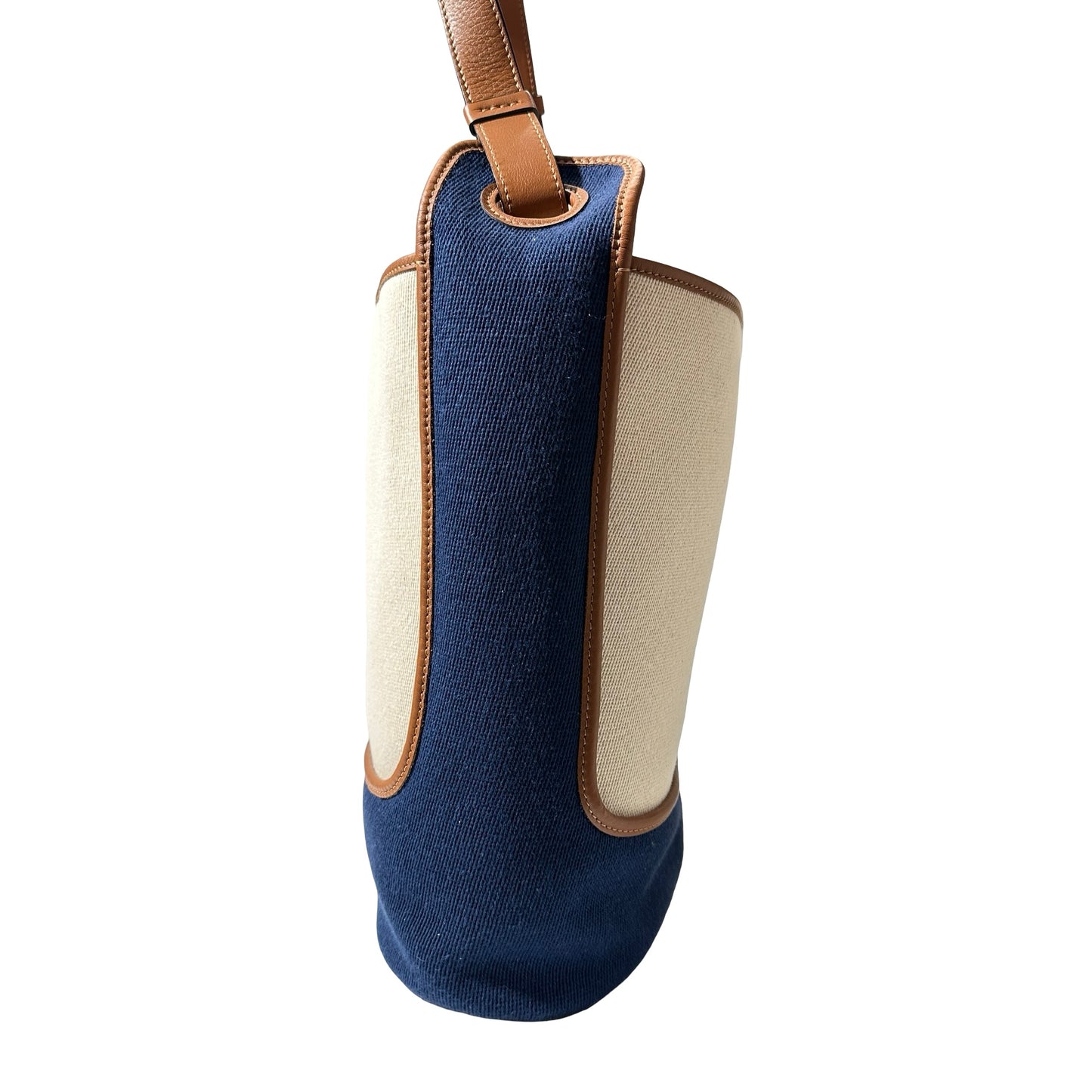 Used LOEWE Canvas Paula's Ibiza Balloon Hobo Bucket Bag Navy Blue Beige PHW
