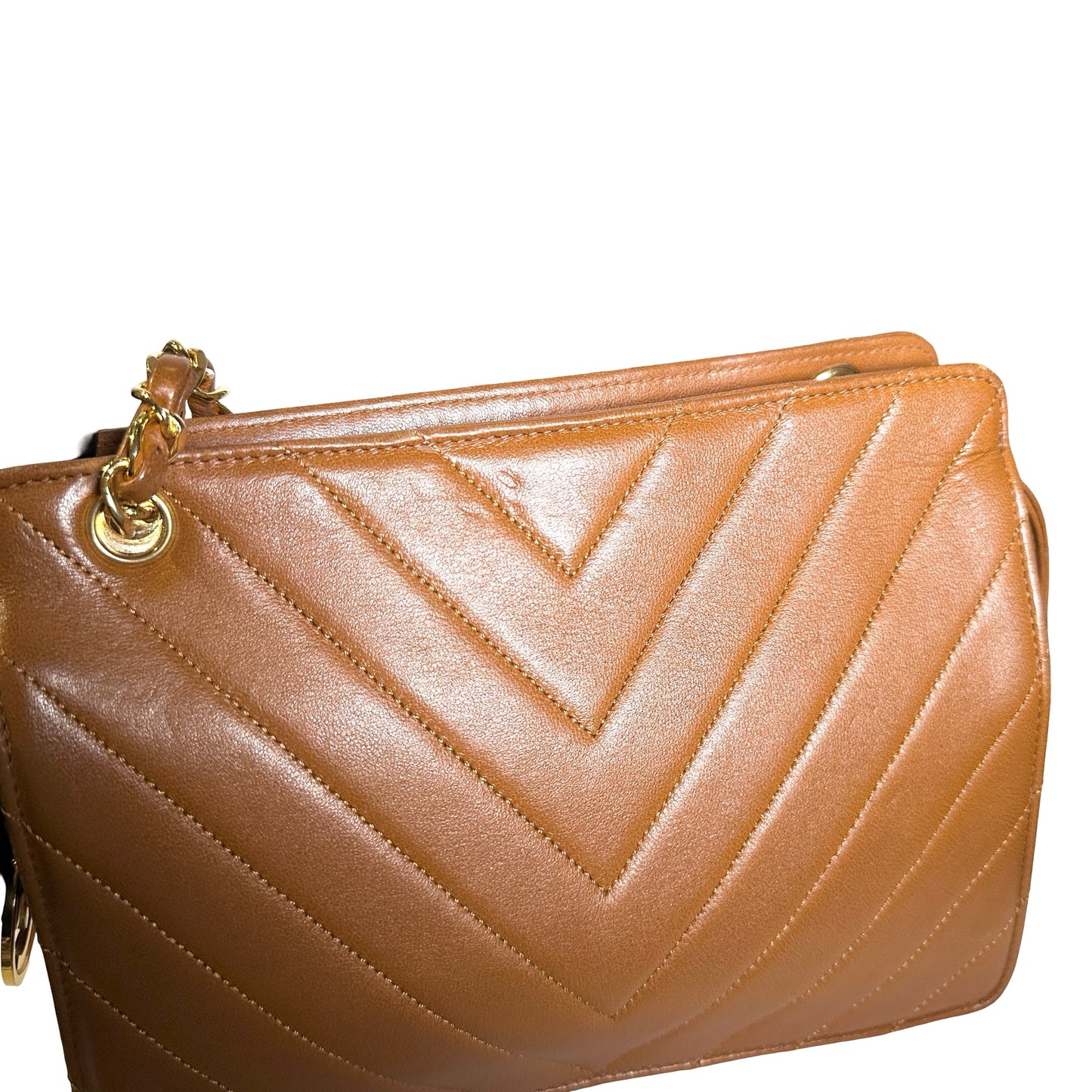 Used CHANEL Lambskin Leather Vintage lambskin chevron Cross Body Bag Brown GHW