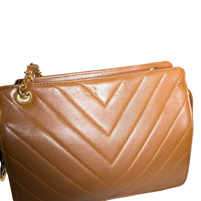 Used CHANEL Lambskin Leather Vintage lambskin chevron Cross Body Bag Brown GHW