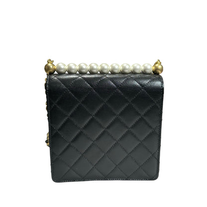 Used CHANEL Lambskin Leather Flap with Pearls Chain Shoulder Bag Black GHW