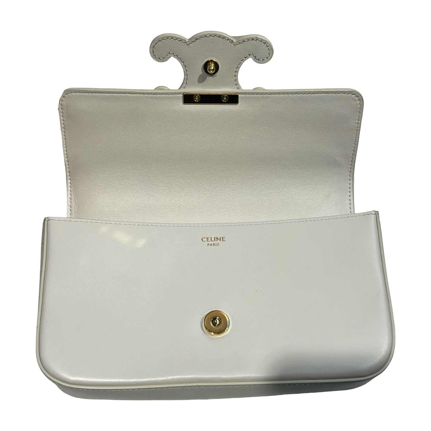 Used CÉLINE Calfskin Leather Triomphe Cuir Chain Shoulder Bag White GHW