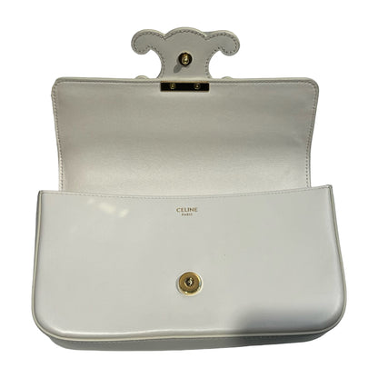 Used CÉLINE Calfskin Leather Triomphe Cuir Chain Shoulder Bag White GHW