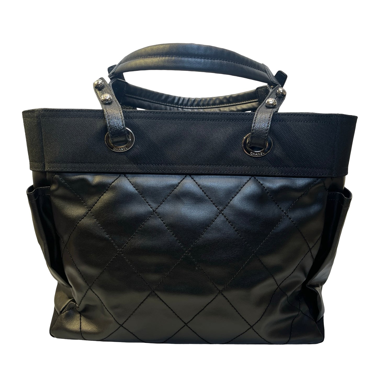 Used CHANEL Quilted Coated Canvas Paris Biarritz Tote Bag Black