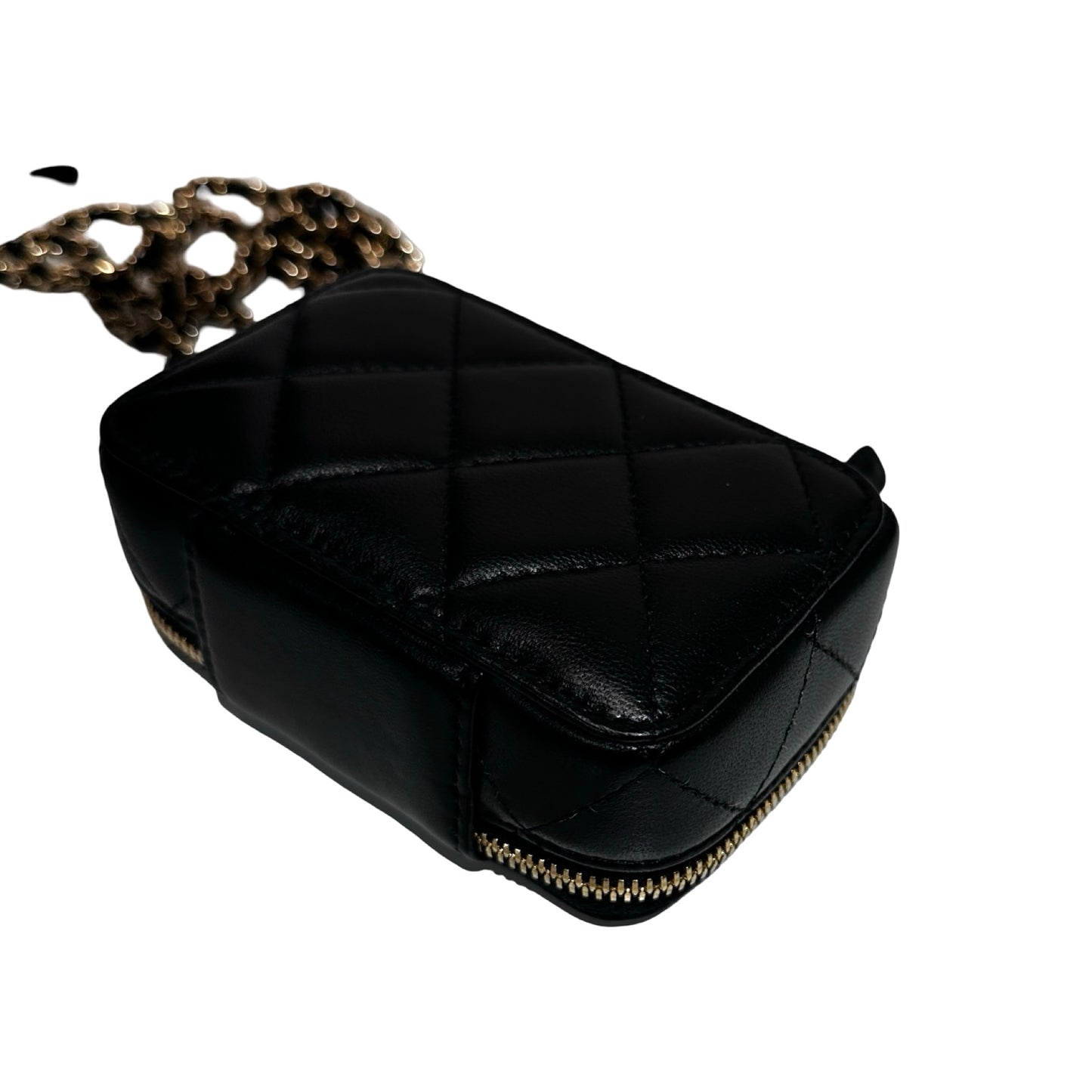 New CHANEL Lambskin Leather Vanity Case Shoulder Bag Gold Black GHW
