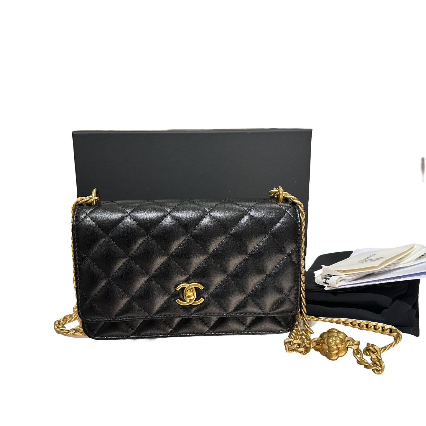Used CHANEL WOC with Camellia Chain Shoulder Bag Black GHW