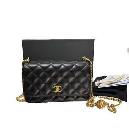 Used CHANEL WOC with Camellia Chain Shoulder Bag Black GHW