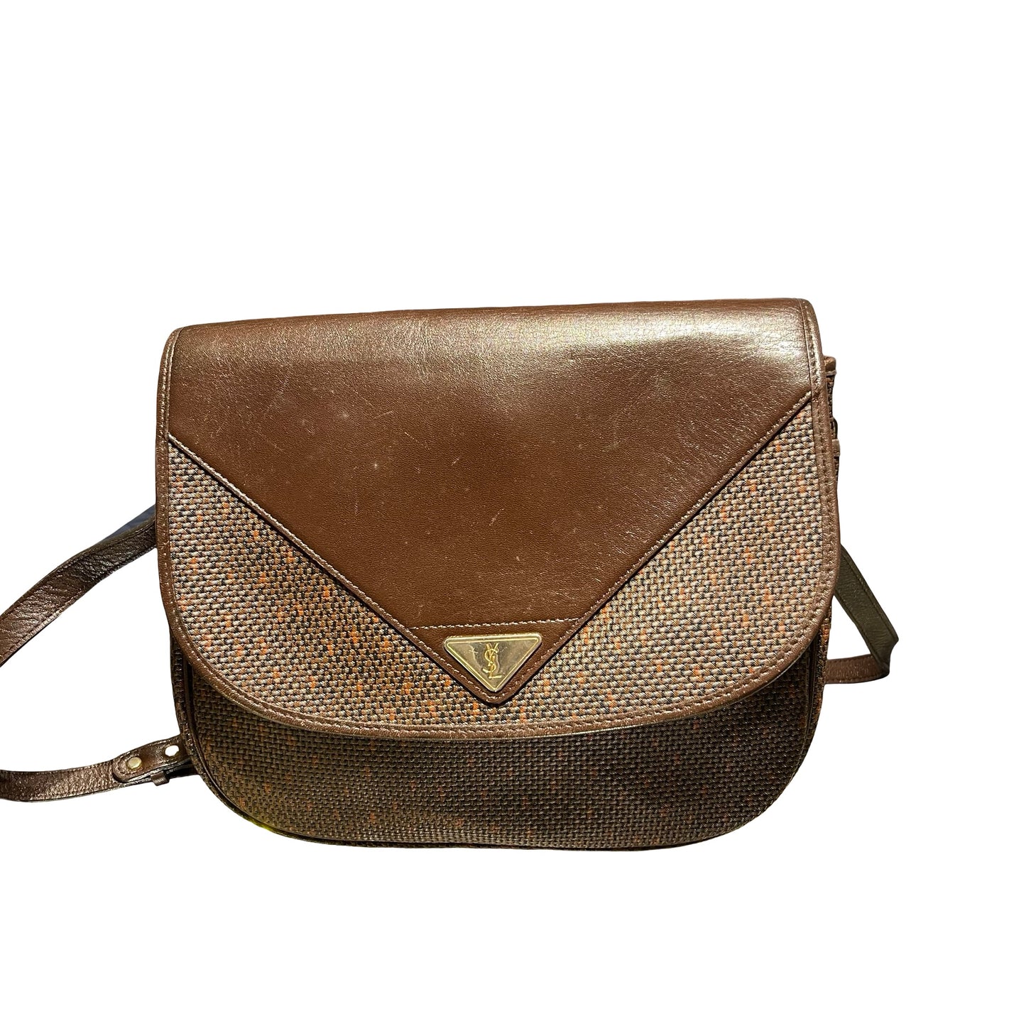 Used SAINT LAURENT Canvas Vintage Crescent Shoulder Cross Body Bag Brown GHW