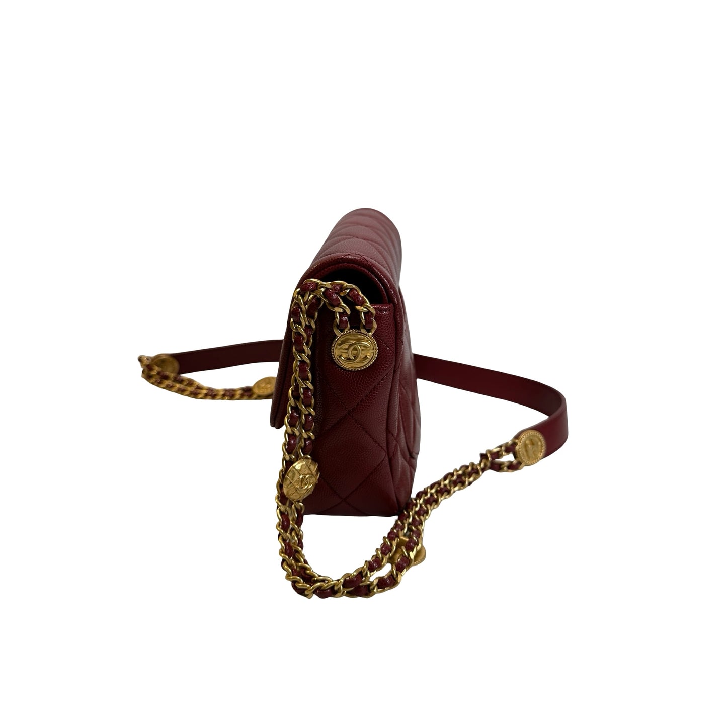 Used CHANEL Caviar Quilted Flap Bag Chain shoulder bag Red Gold