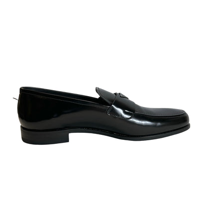 Used PRADA Leather Logo Plaque Loafers Shoes Black Silver