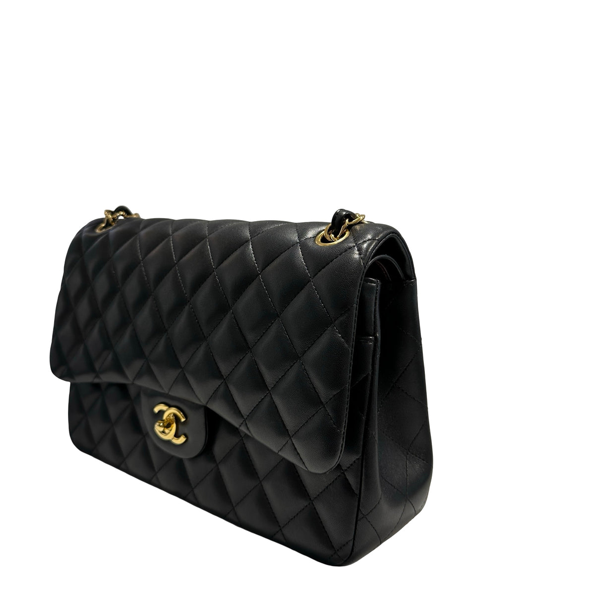 Used CHANEL Lambskin Quilted Jumbo Shoulder Bag Black Gold