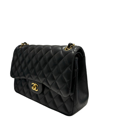 Used CHANEL Lambskin Quilted Jumbo Shoulder Bag Black Gold