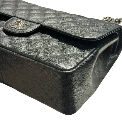 Used CHANEL Caviar Quilted Classic Flap Shoulder Bag Black Silver