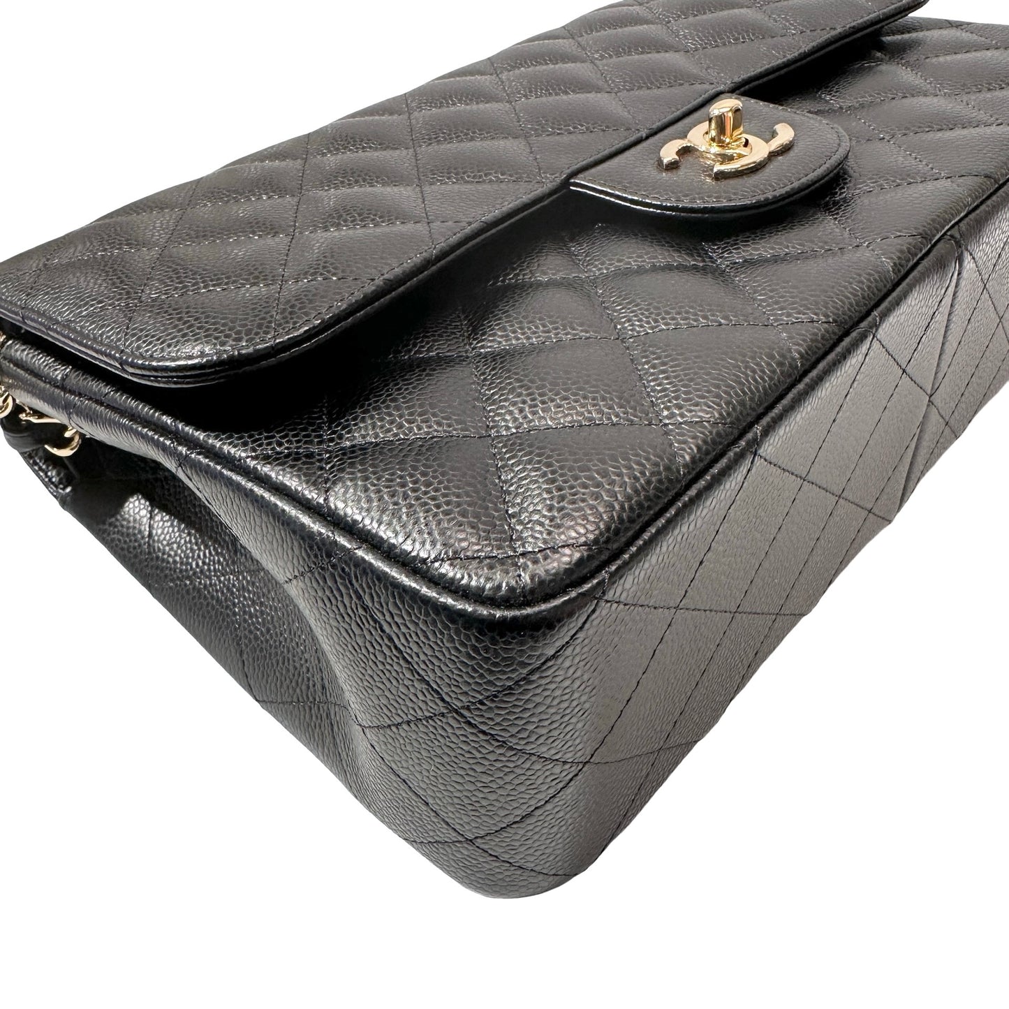 Used CHANEL Calfskin Leather Jumbo Chain Shoulder Bag GHW Black