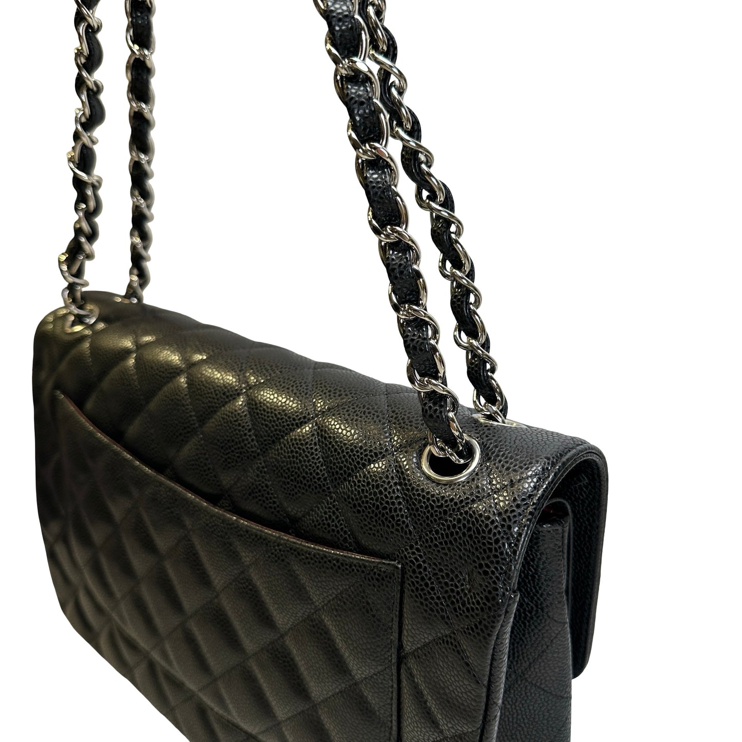 Used CHANEL Quilted Caviar leather Jumbo Single Flap Bag Shoulder Bag Black Silver hardware