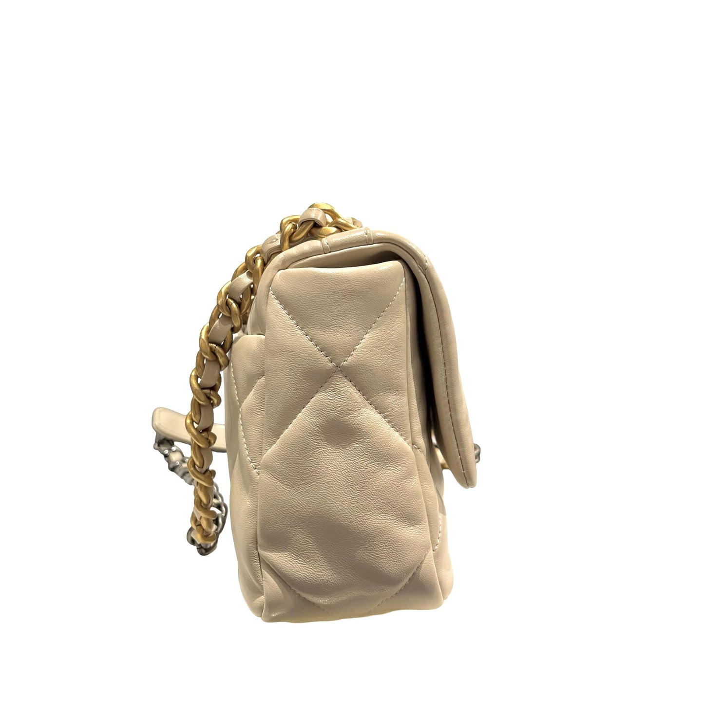 Used CHANEL Lambskin Quilted Chanel 19 Chain Shoulder Bag Cream White GHW