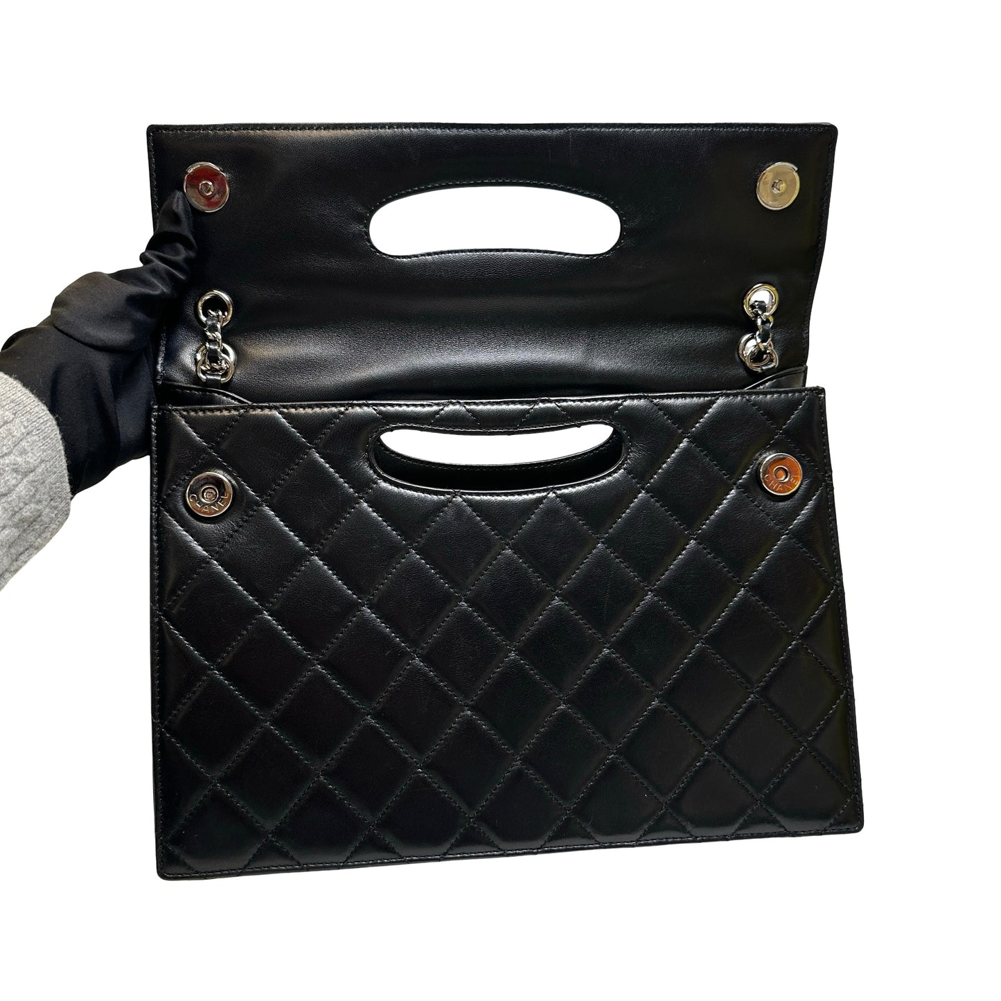 Used CHANEL Quilted Leather Quilted Top Handle Flap Bag Handbag Black Silver