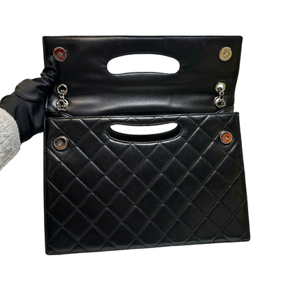 Used CHANEL Quilted Leather Quilted Top Handle Flap Bag Handbag Black Silver