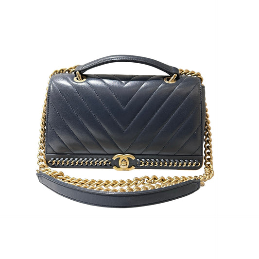 Used CHANEL Sheep Skin Chevron Top Handle Chain Shoulder Bag Navy GHW