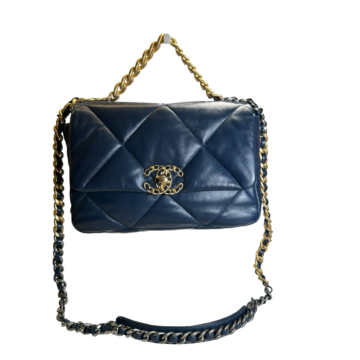 Used CHANEL Lambskin Quilted Chanel 19 Shoulder Bag Navy Blue