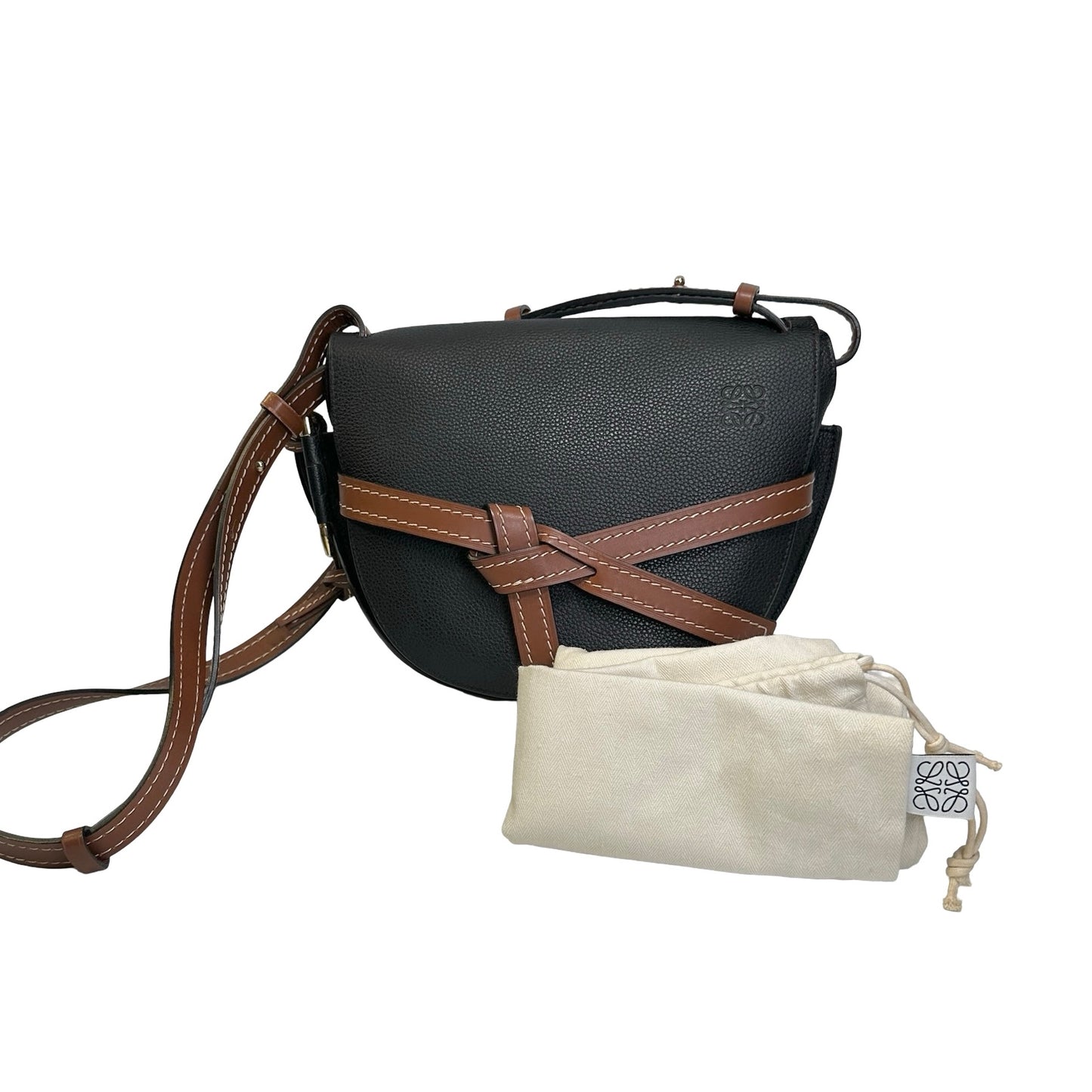 Used LOEWE Pebbled Leather Gate Crossbody Bag Black Brown