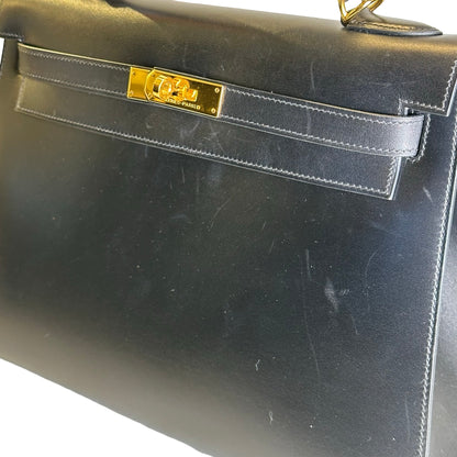 Used HERMES Box Calf Kelly 32 Handbag Black Gold