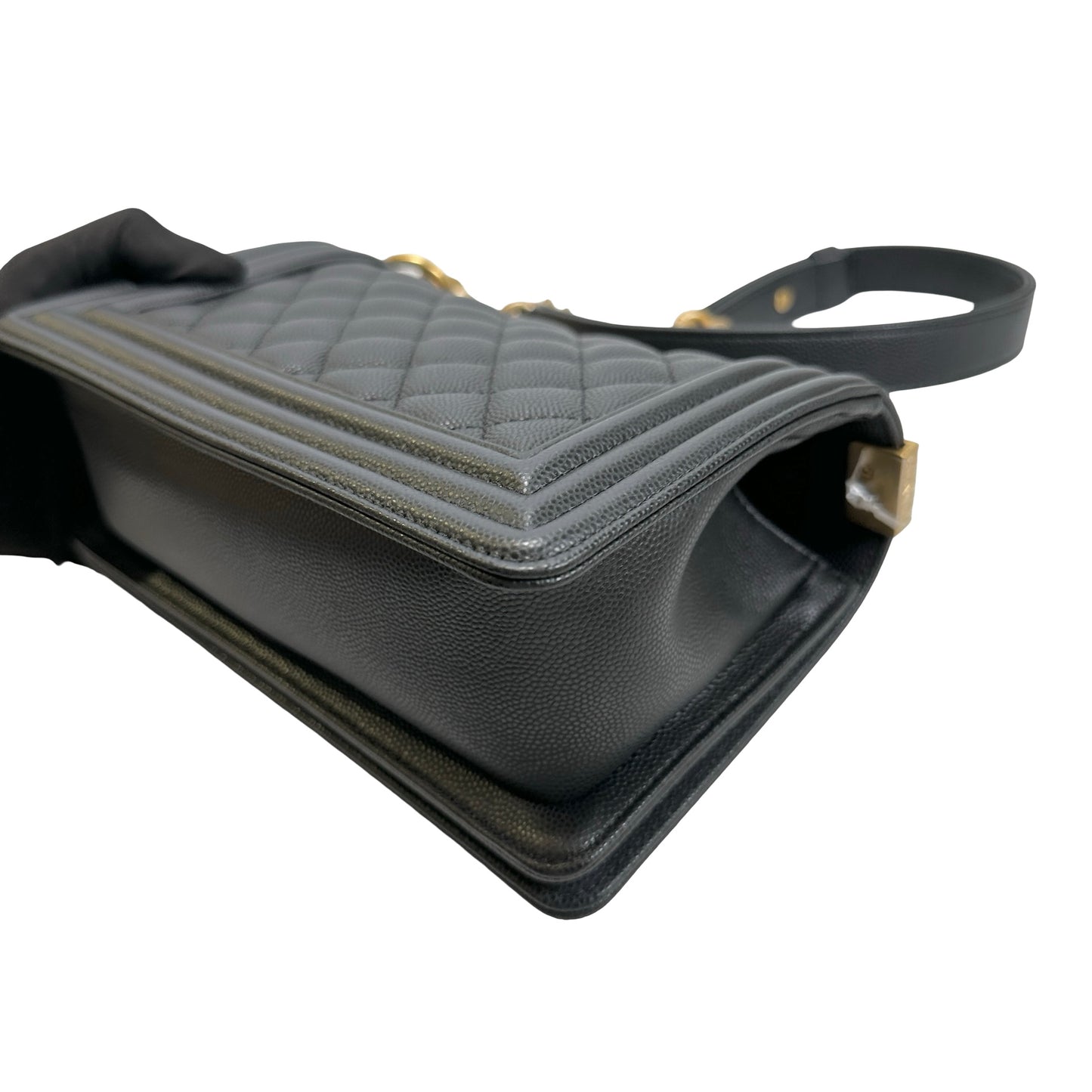 Used CHANEL Quilted Caviar Boy Chanel Flap Bag Chain Shoulder Bag Black Gold Hardware