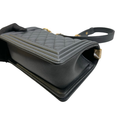 Used CHANEL Quilted Caviar Boy Chanel Flap Bag Chain Shoulder Bag Black Gold Hardware
