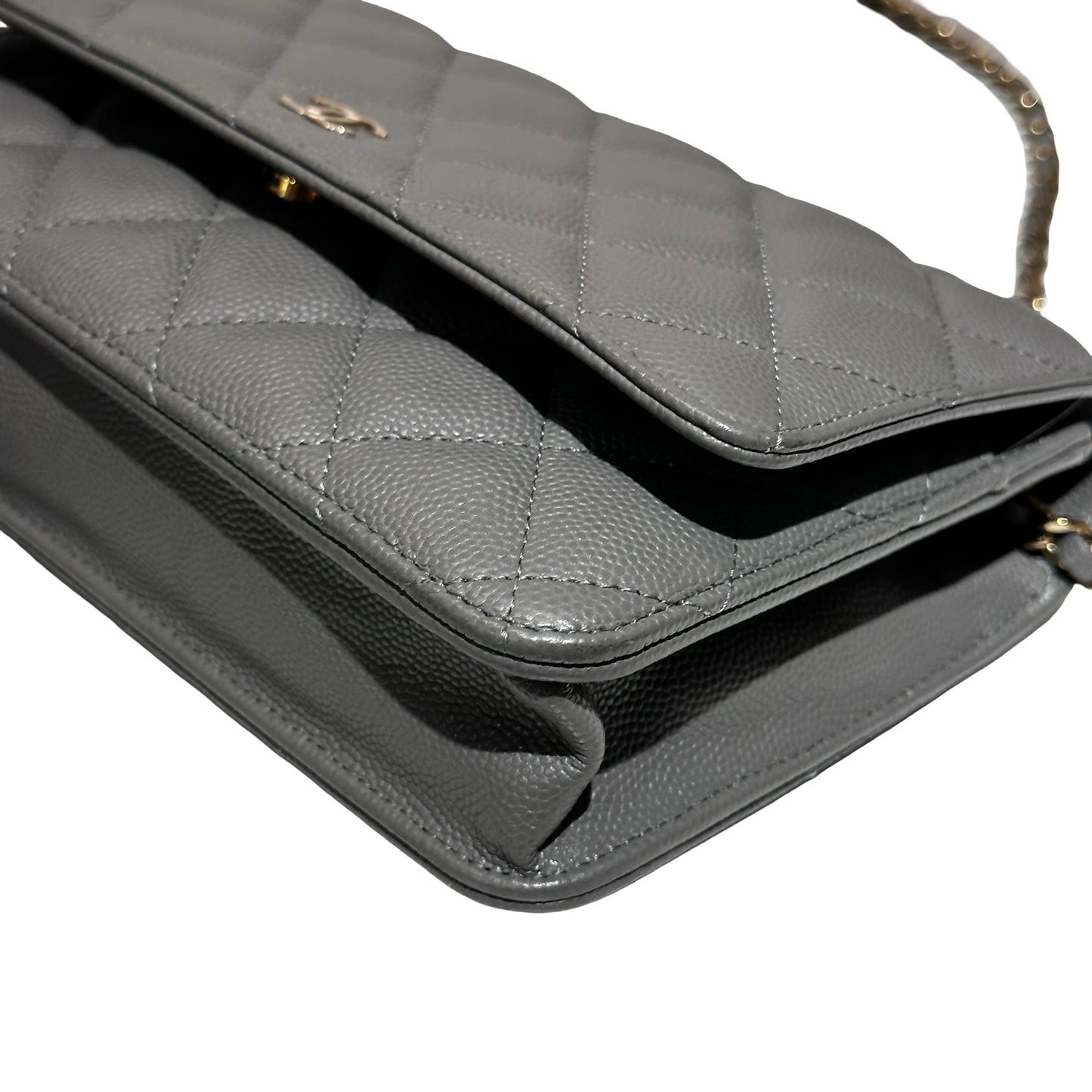 Used CHANEL Caviar Leather WOC Calf Skin Cross Body Bag Grey PHW