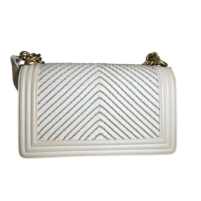 Used CHANEL Chevron Leather Boy Bag Chain Shoulder Bag White Multi-color