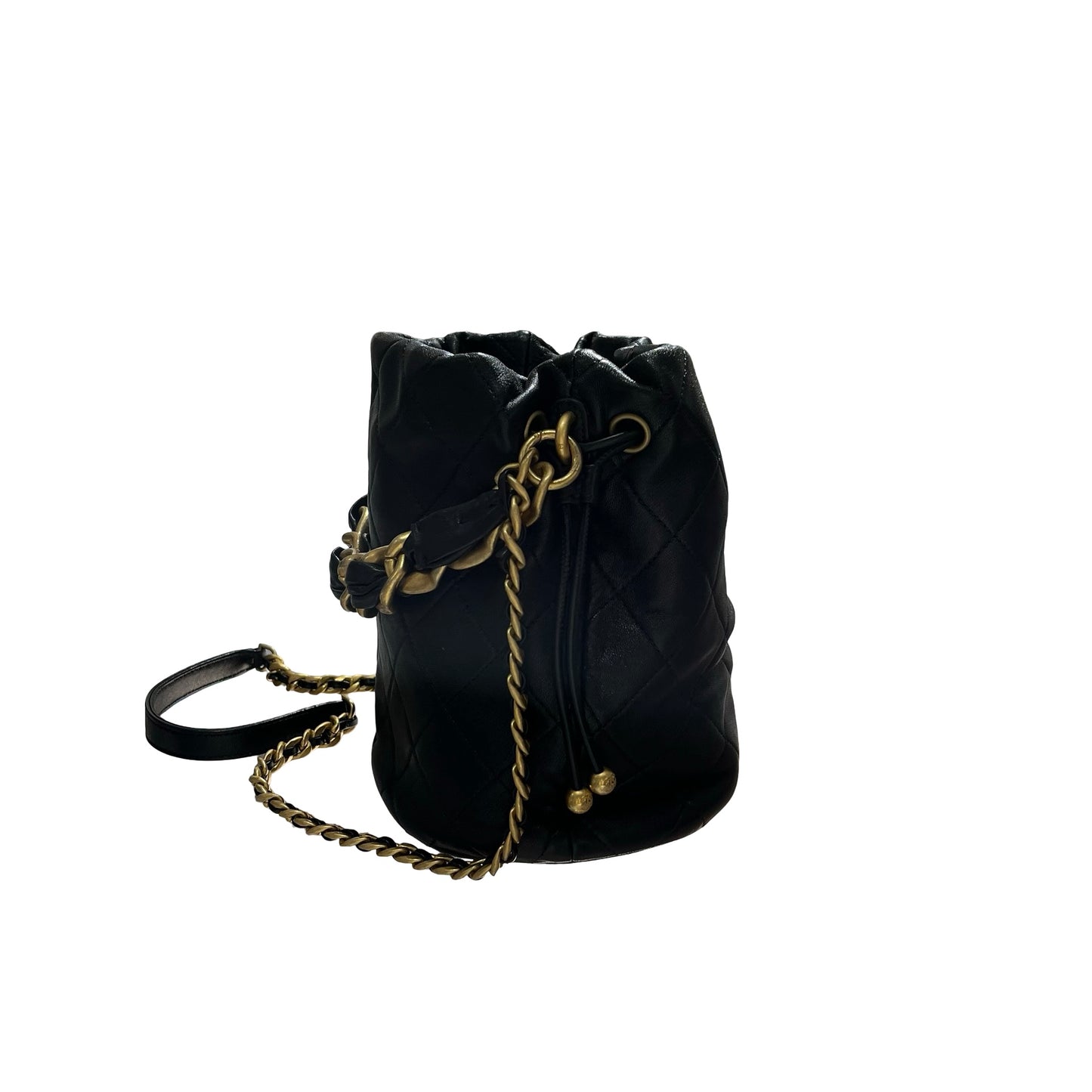Used CHANEL Lambskin Leather Bucket Bag Black GHW