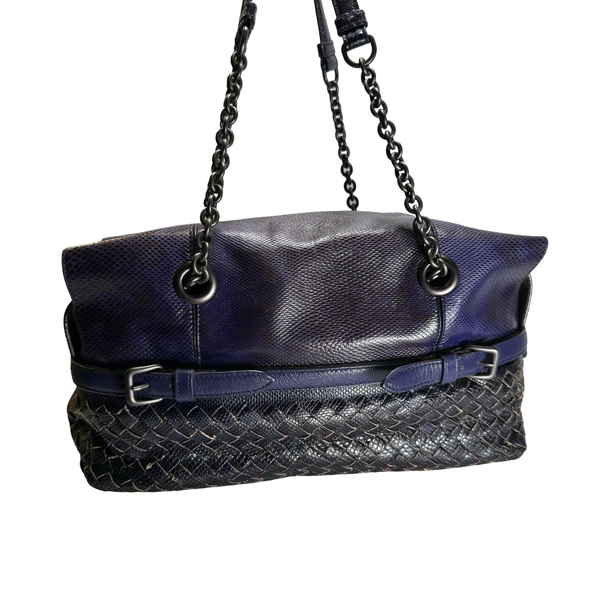 Used BOTTEGA VENETA Intrecciato Lizard Olimpia Shoulder Bag Navy Black