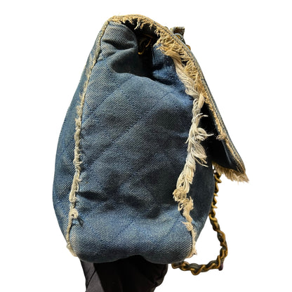 Used CHANEL Denim Matelasse Single Flap Chain Shoulder Bag Light Blue GHW