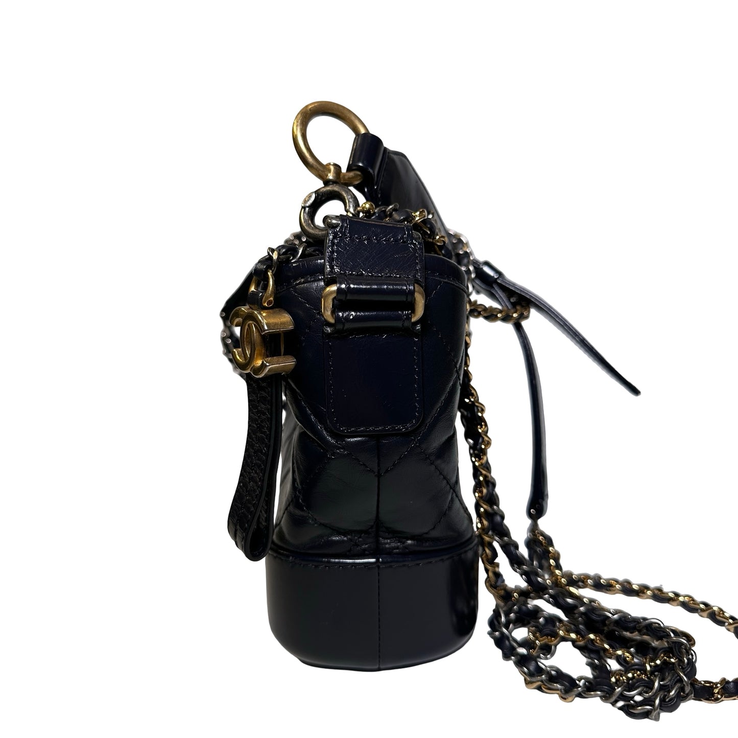 Used CHANEL Calfskin Leather Chain Shoulder Bag Navy Blue GHW PHW