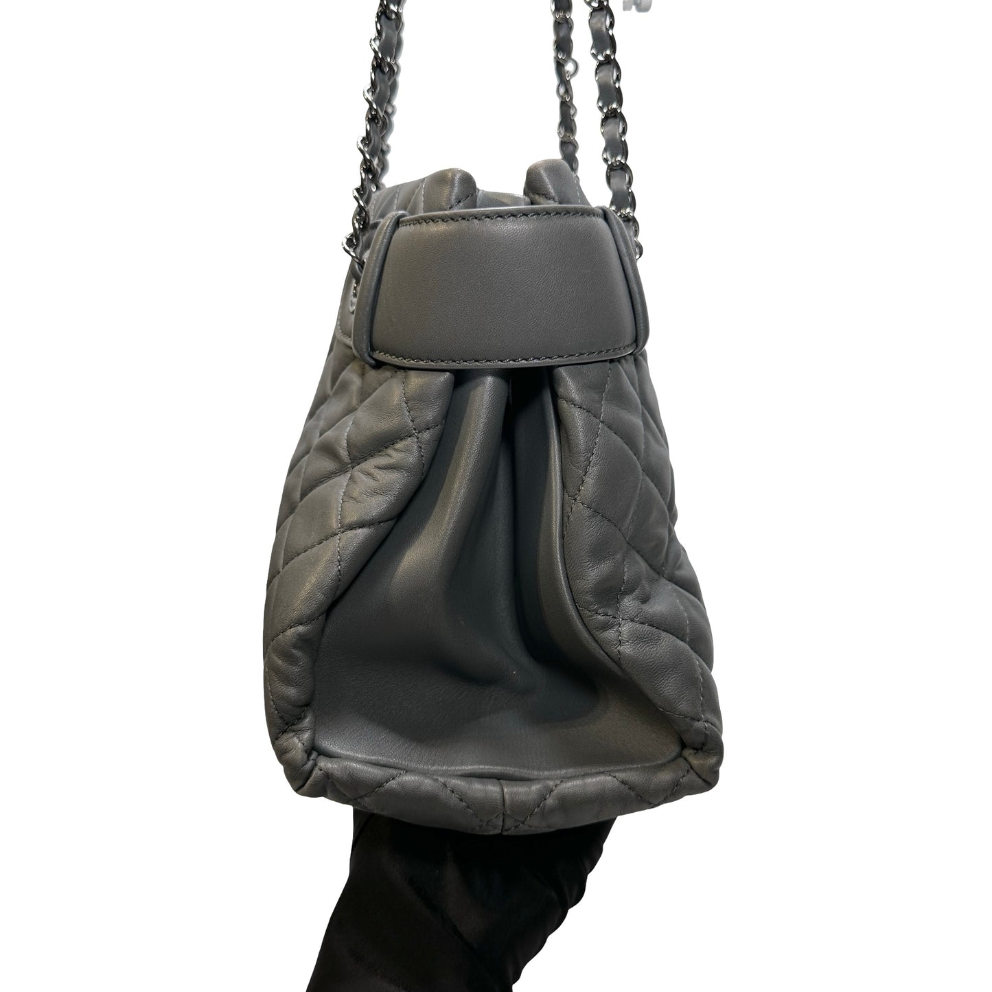 Used CHANEL Lambskin Leather Grey Tote Bag Grey PHW