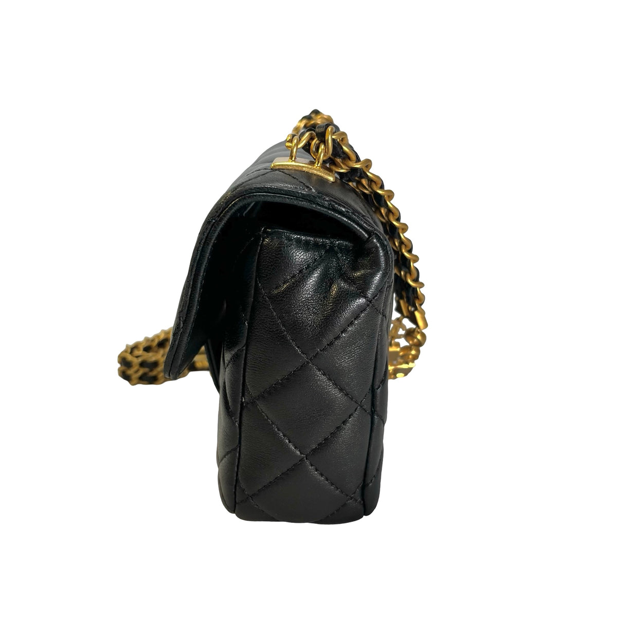 CHANEL Quilted Lambskin Mini Rectangular Flap Chain Shoulder Bag Black Gold