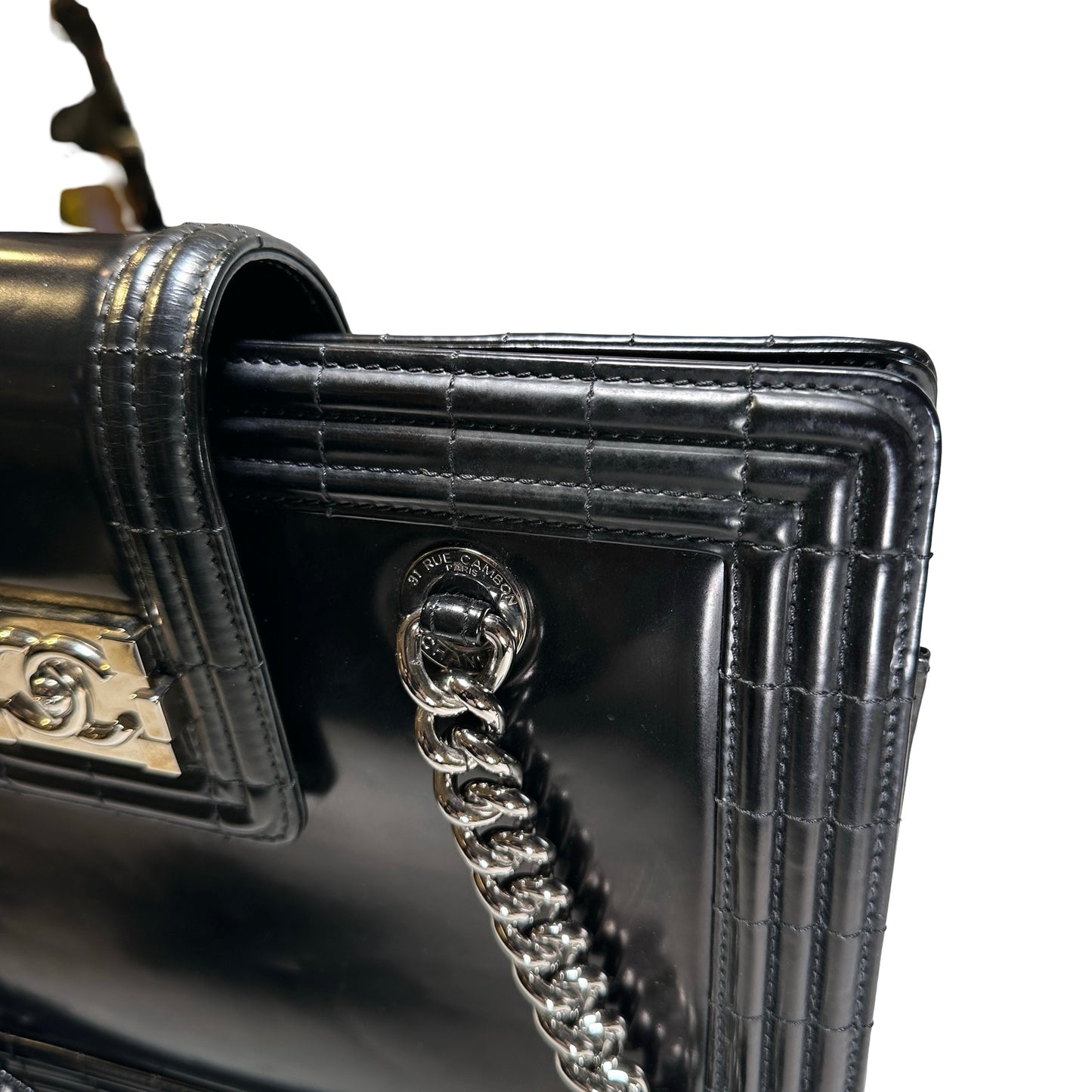 Used CHANEL Patent Leather Boy Shopping Tote Tote Bag Black PHW