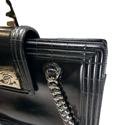 Used CHANEL Patent Leather Boy Shopping Tote Tote Bag Black PHW