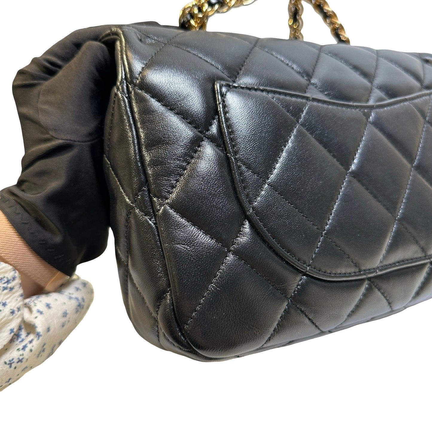 Used CHANEL Quilted Lambskin Top Handle Flap Bag Handbag Black
