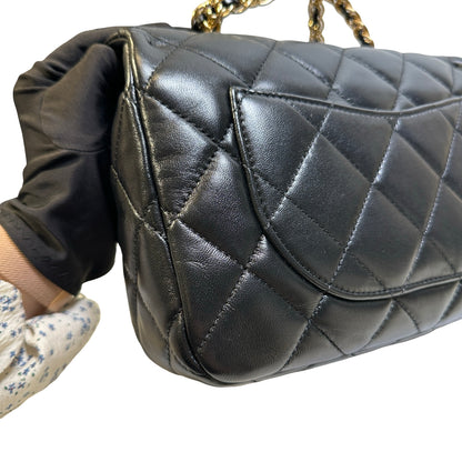Used CHANEL Quilted Lambskin Top Handle Flap Bag Handbag Black
