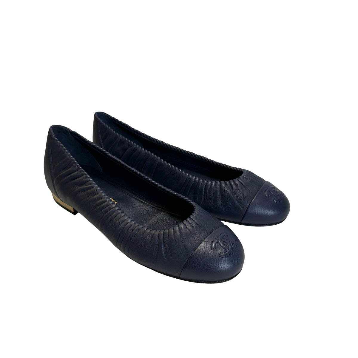 Used CHANEL Leather CC logo Ballet Flats Shoes Navy