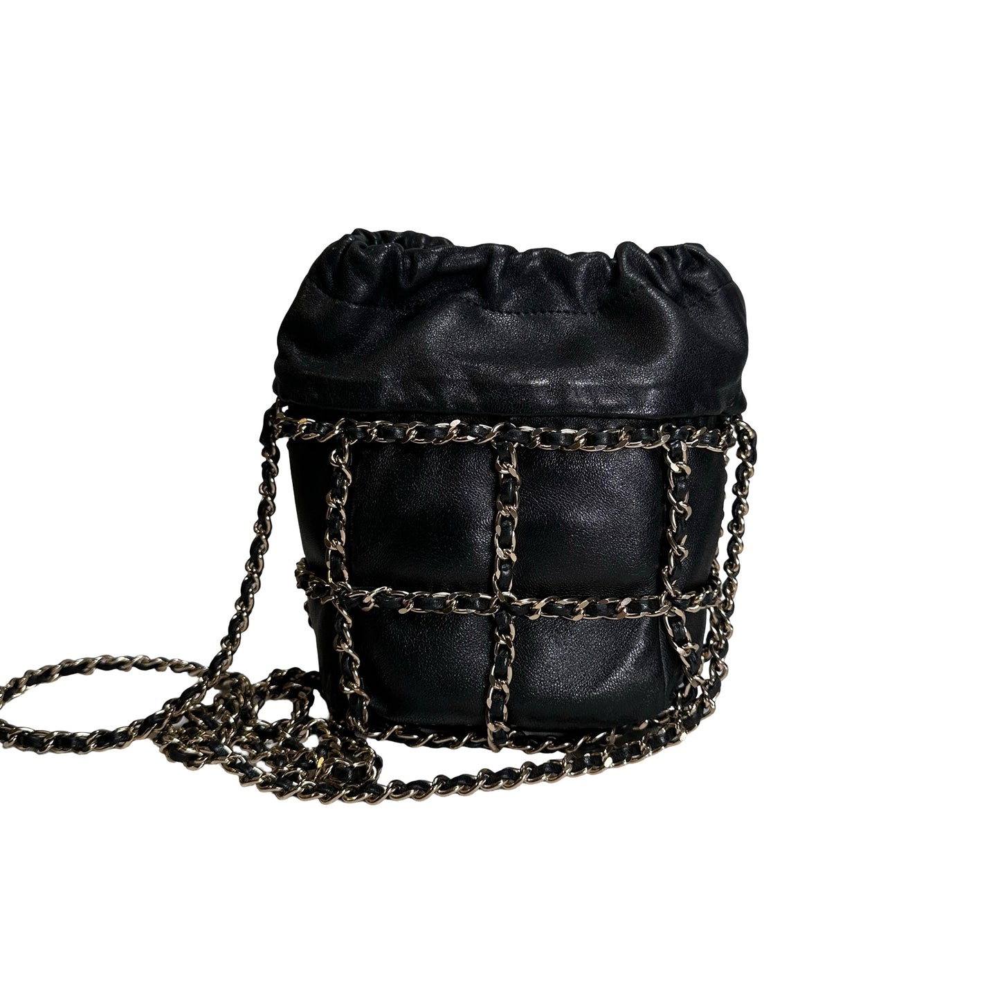 Used CHANEL Leather Drawstring Bag Drawstring Bag Black GHW