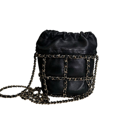 Used CHANEL Leather Drawstring Bag Drawstring Bag Black GHW